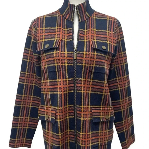 Rachel Zoe Plaid Zip Sweater Cardigan Jacket Knit Shacket. Orange & Navy. Medium - Picture 1 of 16